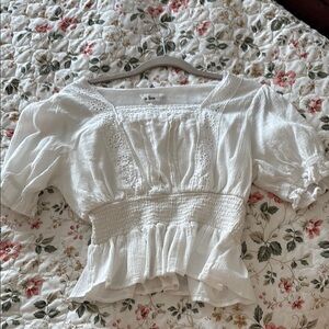 White Boutique Smocked Ruffled Short Sleeve Blouse